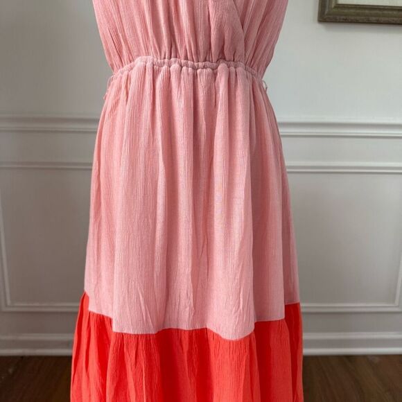 Aura Women's Sleeveless Colorblock Crinkle Maxi Dress Salmon Orange Fuchsia $160 - Picture 3 of 7